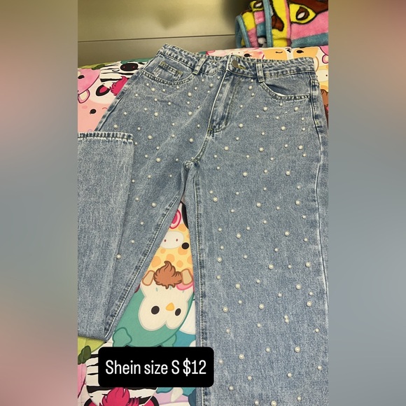 SHEIN Light Blue Pearl Studded Straight Leg Jeans - Picture 1 of 1